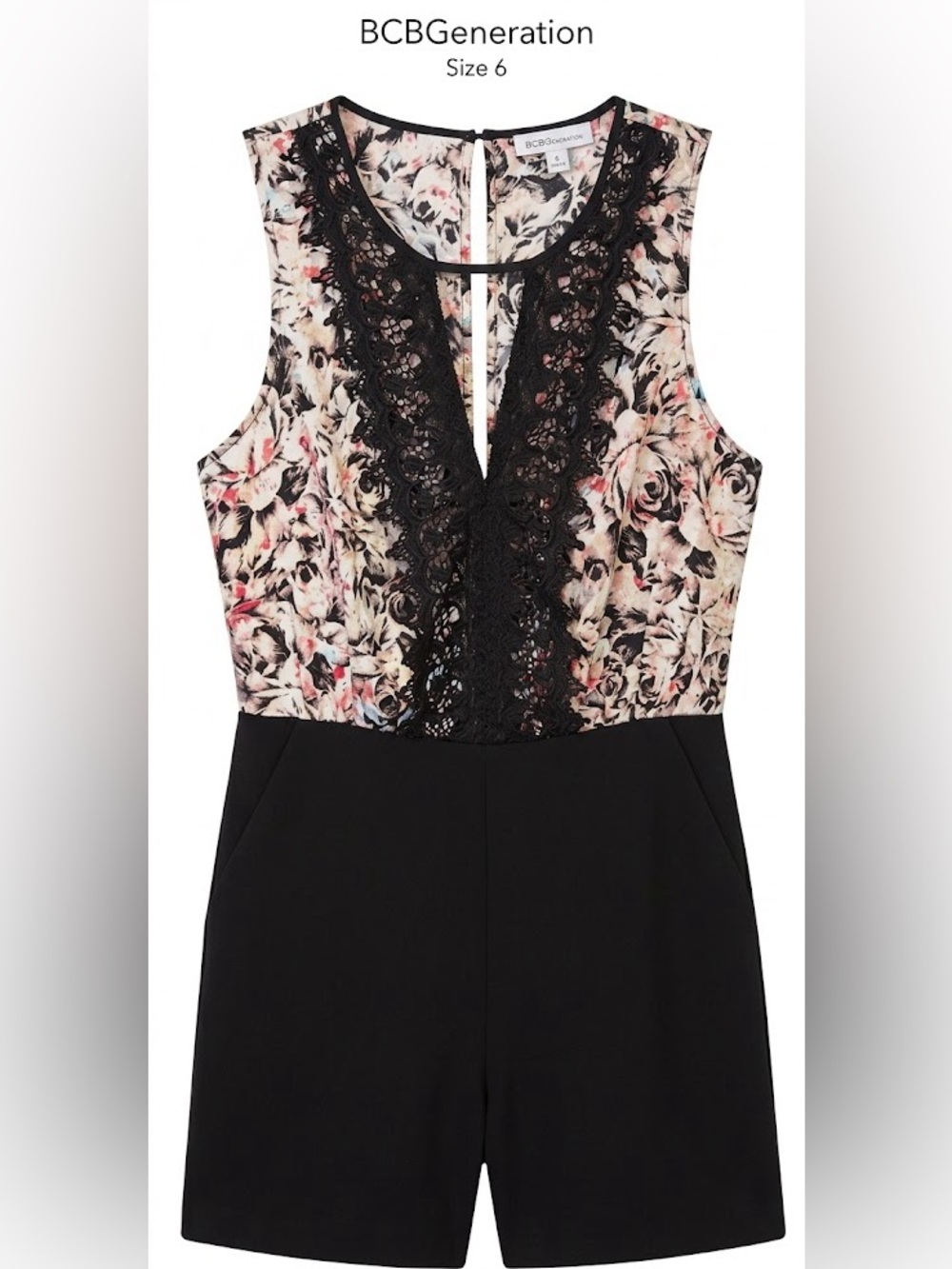 BCBGeneration Floral Lace Plunge Romper Black Pink 6 Whimsigoth
